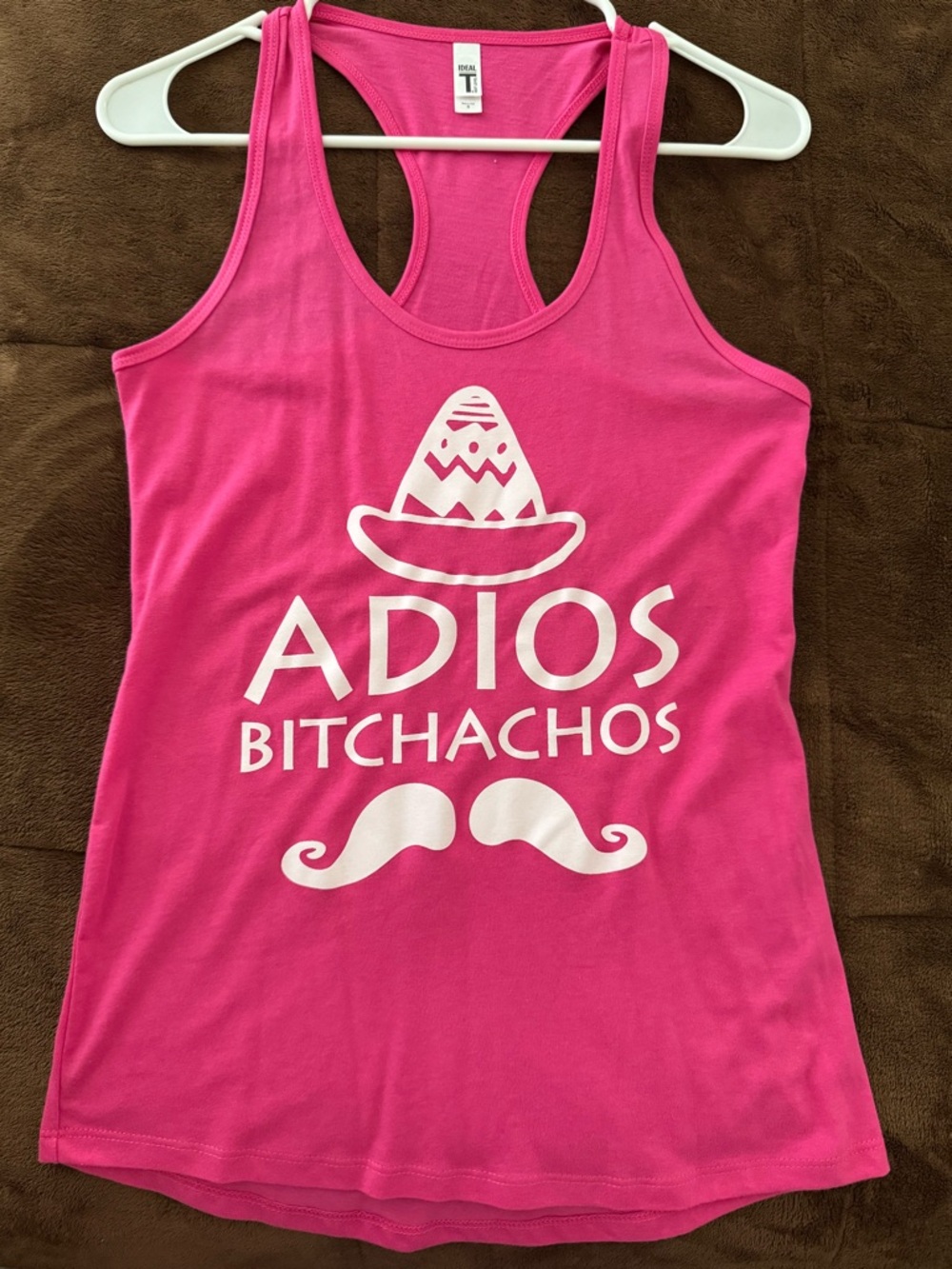 Never Worn -Amazon Pink Racerback Tank Top with White 'ADIOS BITCHACHOS' Graphic